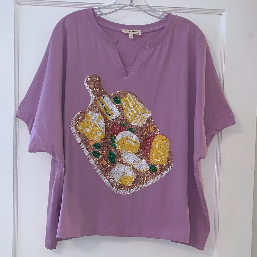 Peach Love California Purple Sequin Graphic Top